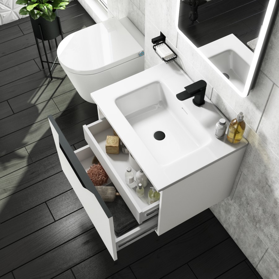 Grade A1 - 600mm White Wall Hung Vanity Unit with Gloss Basin - Sion