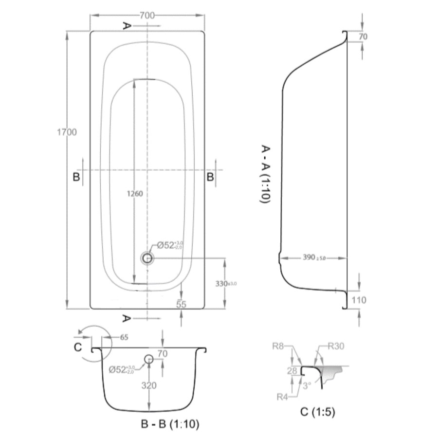 1700 x 700 Colt Single Ended Steel Bath with 0 Tap Holes