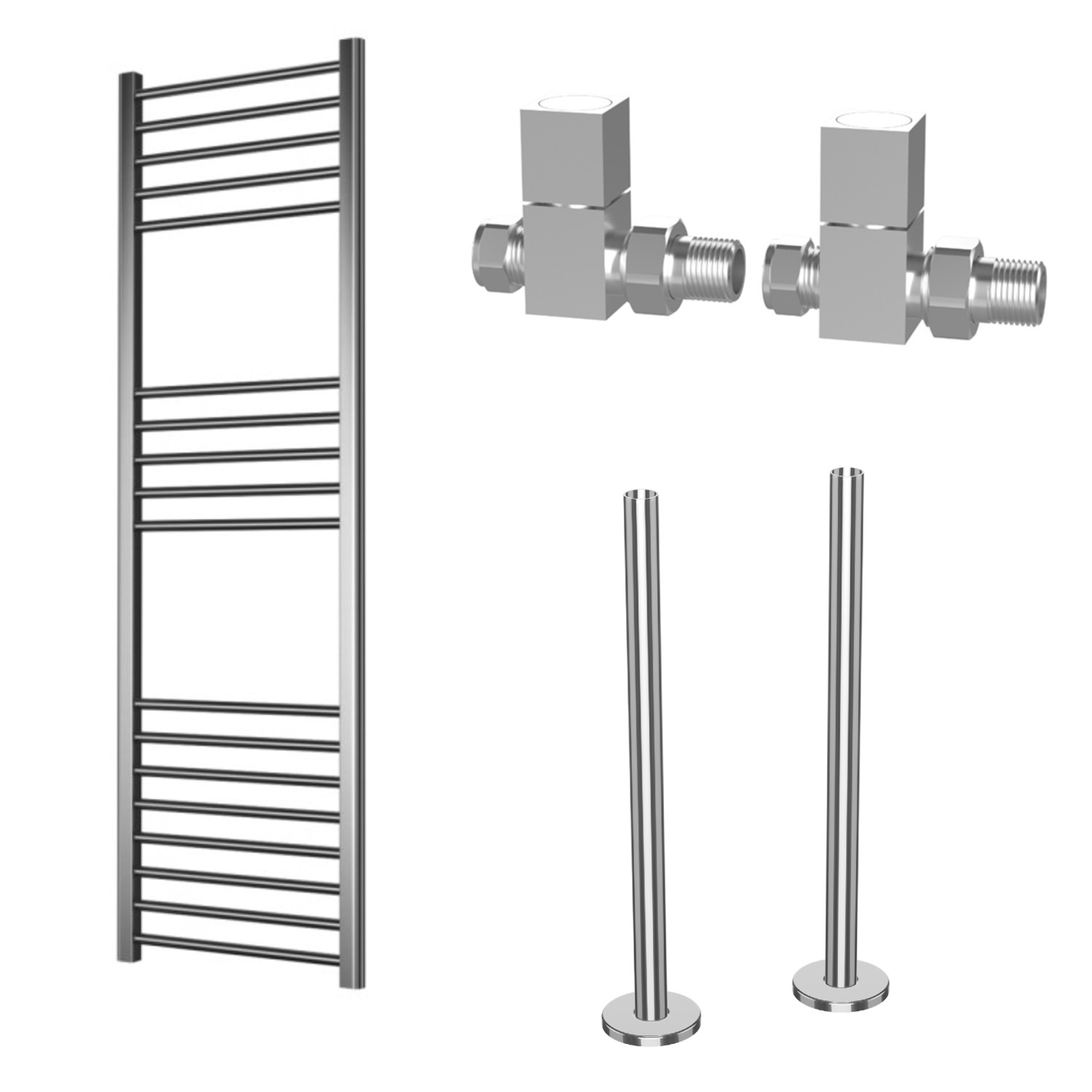 Chrome Towel Radiator 1600 x 500mm with Pipe Kit and Straight Valves ...