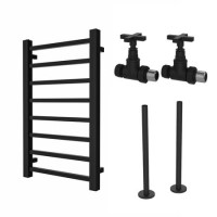 Black Towel Radiator 800 x 500mm with Pipe Kit and Straight Valves - Sonoran