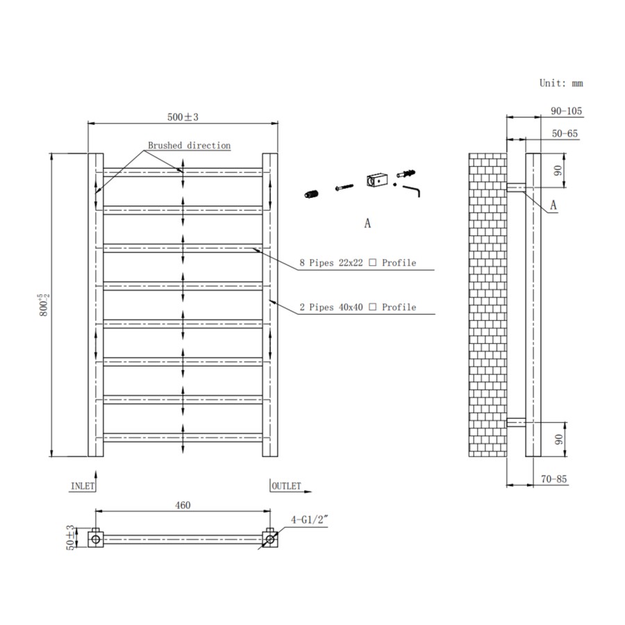Black Towel Radiator 800 x 500mm with Pipe Kit and Straight Valves - Sonoran