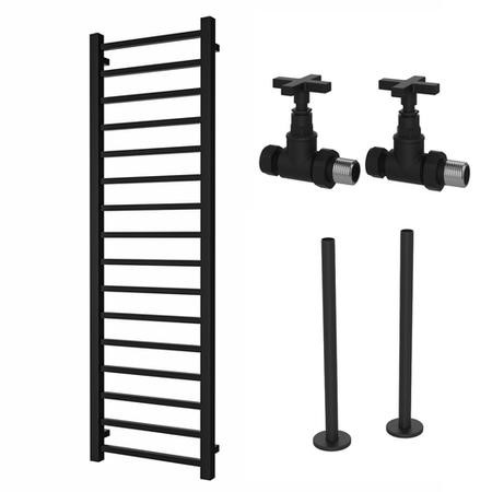 Black Towel Radiator 1600 x 500mm with Pipe Kit and Straight Valves ...