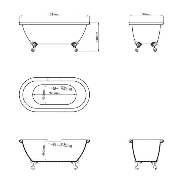 Paintable Freestanding Double Ended Roll Top Bath with Feet 1515 x 740mm - Park Royal