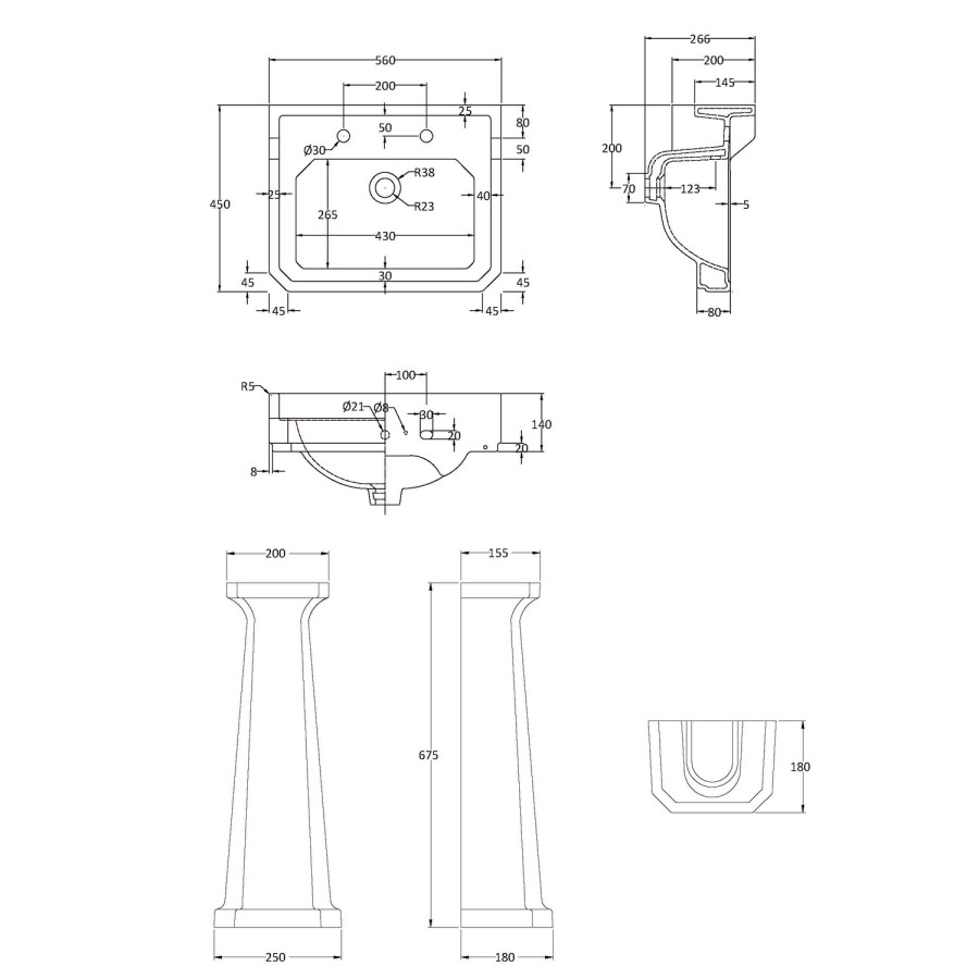 Traditional 2 Tap Hole Basin -  560mm - Park Royal