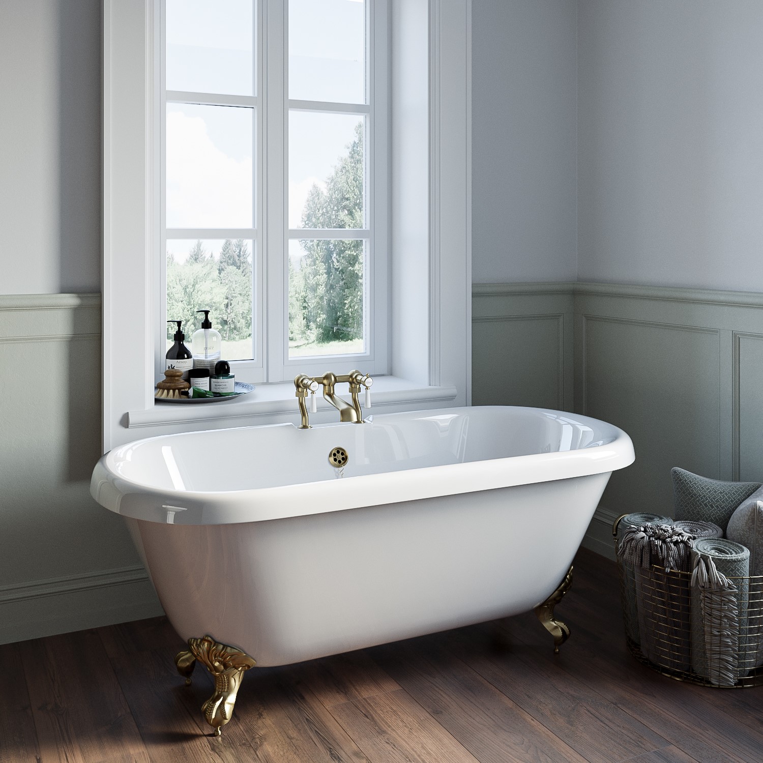 Park Royal White Freestanding Double Ended Roll Top Bath With Brushed Brass Feet 1515 X 740Mm