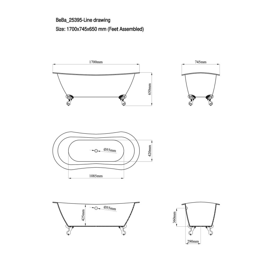 Freestanding Double Ended Bath Matt White with Chrome Feet 1700 x 745mm - Park Royal