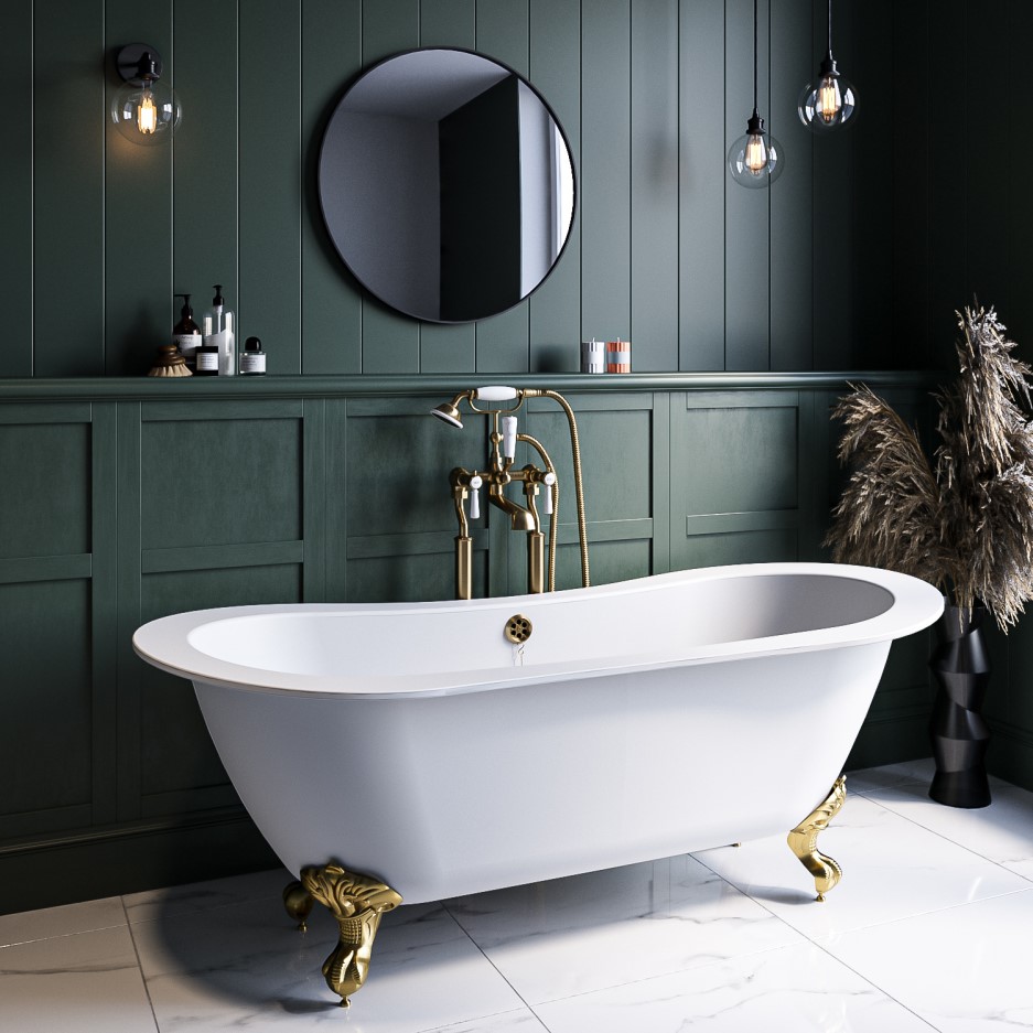 Freestanding Double Ended Slipper Bath with Brushed Brass Feet 1700 x