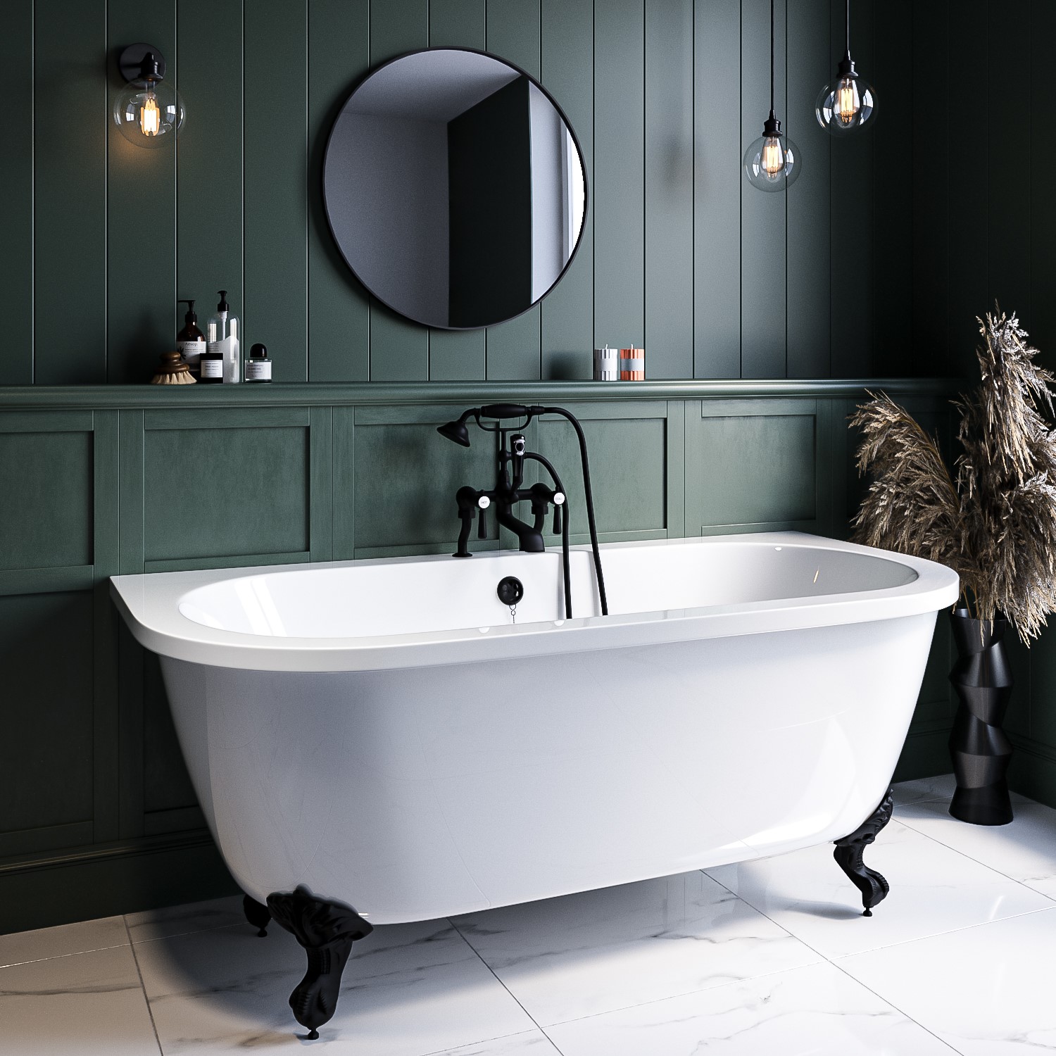 Park Royal White Freestanding Double Ended Back To Wall Bath With Black Feet - 1700 X 745Mm