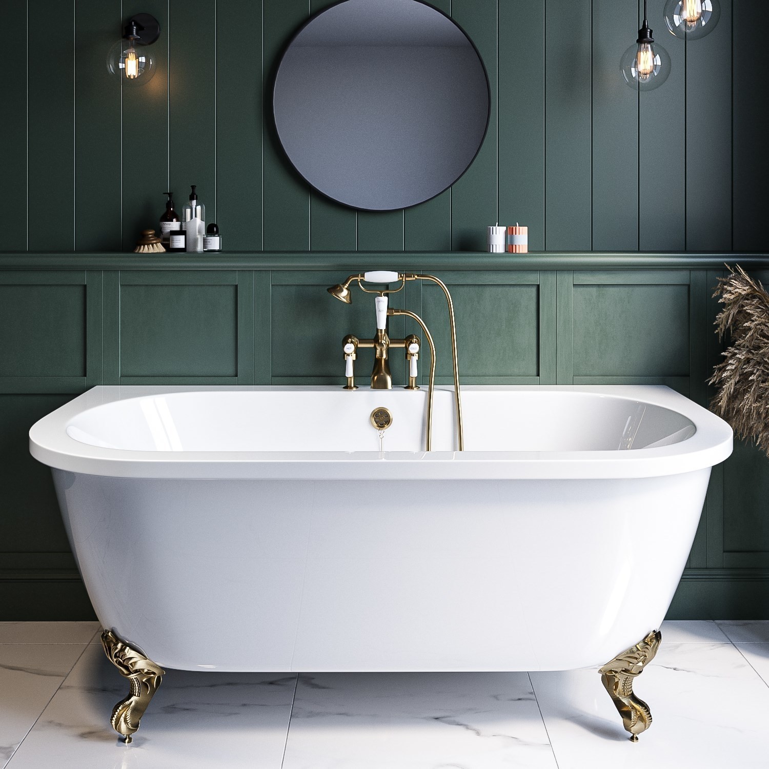 Park Royal White Freestanding Double Ended Back To Wall Bath With Brushed Brass Feet 1700 X 745Mm