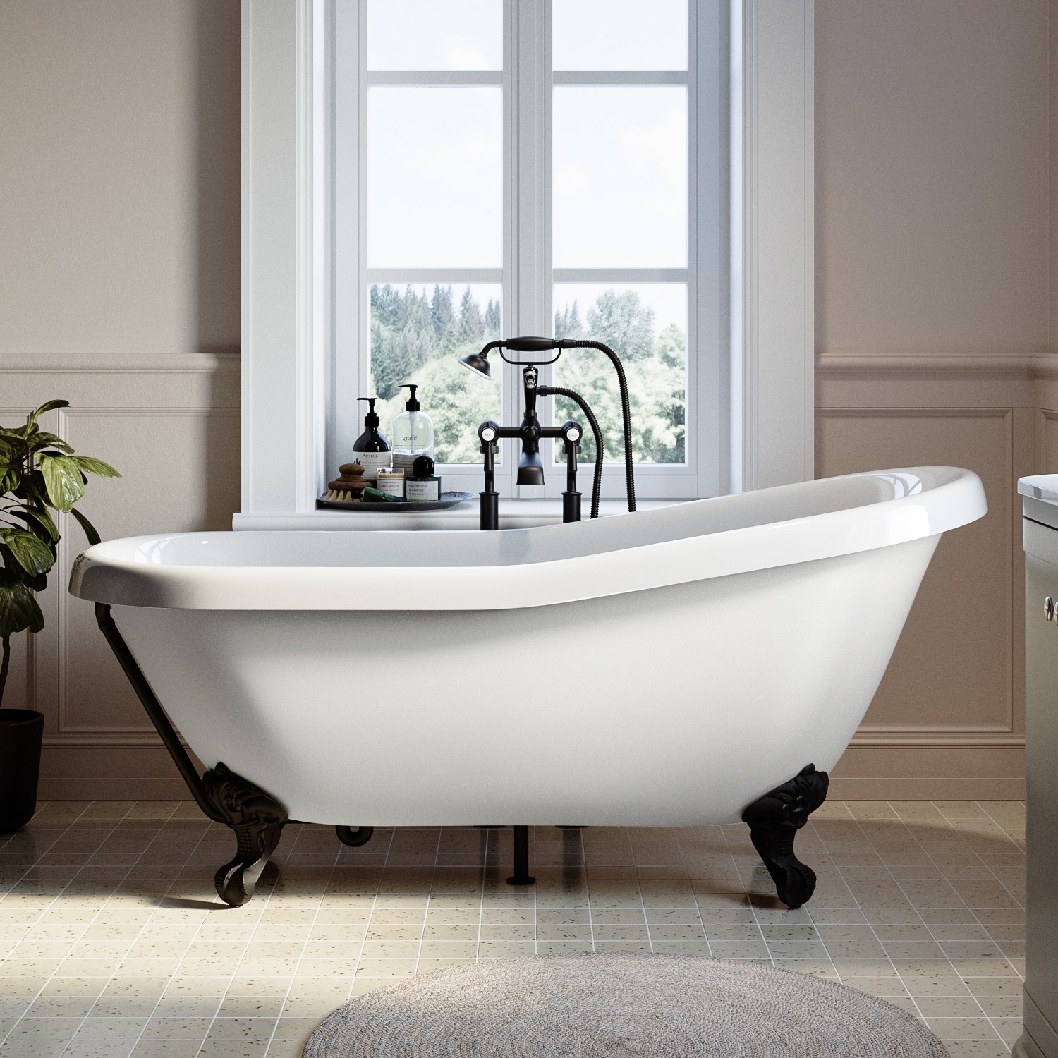 Park Royal White Freestanding Single Ended Roll Top Slipper Bath With Black Feet 1615 X 690Mm
