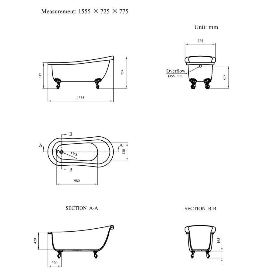 ALMOST PERFECT - Freestanding Single Ended Roll Top Slipper Bath with Chrome Feet 1555 x 725mm - Park Royal