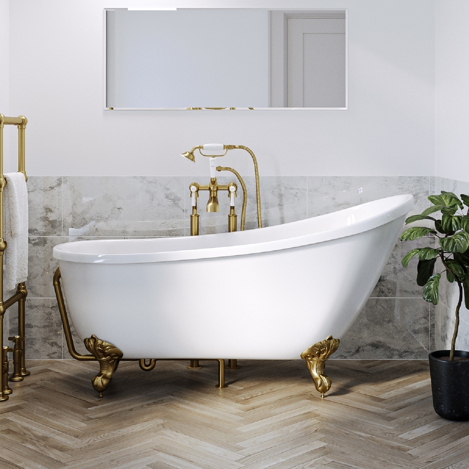 Park Royal White Freestanding Single Ended Roll Top Slipper Bath With Brushed Brass Feet 1550 X 725Mm Size 5