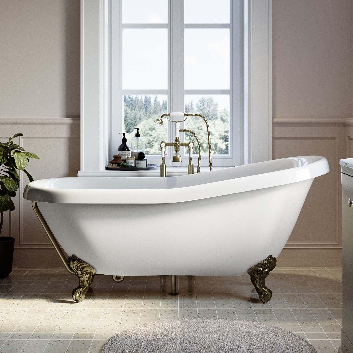 Park Royal White Freestanding Single Ended Roll Top Slipper Bath With Brushed Brass Feet 1550 X 725Mm Size 5