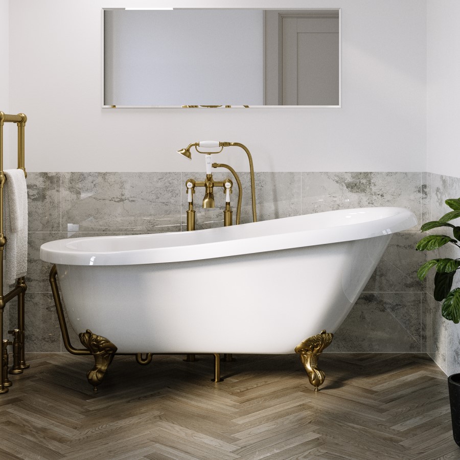 Freestanding Single Ended Roll Top Slipper Bath with Brushed Brass Feet 1550 x 725mm - Park Royal