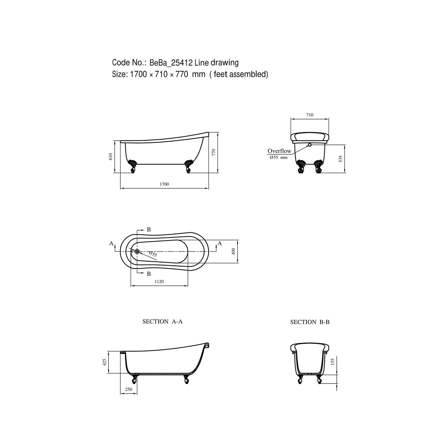 Freestanding Single Ended Roll Top Slipper Bath with White Feet