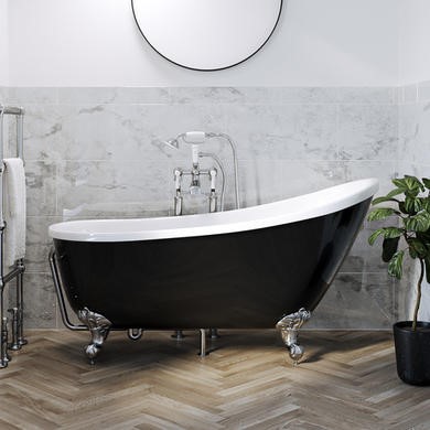 Freestanding Single Ended Roll Top Slipper Bath Black with Chrome Feet 1625 x 695mm - Lunar 
