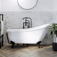 Freestanding Single Ended Roll Top Slipper Bath with Black Feet 1625 x 695mm - Lunar Freestanding Single Ended Roll Top Slipper Bath with Black Feet 1625 x 695mm - Lunar