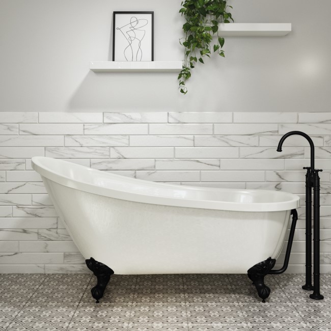 Graded A1 - Lunar Freestanding Bath Single Ended Roll Top Slipper White with Black Feet - 1625 x 695mm