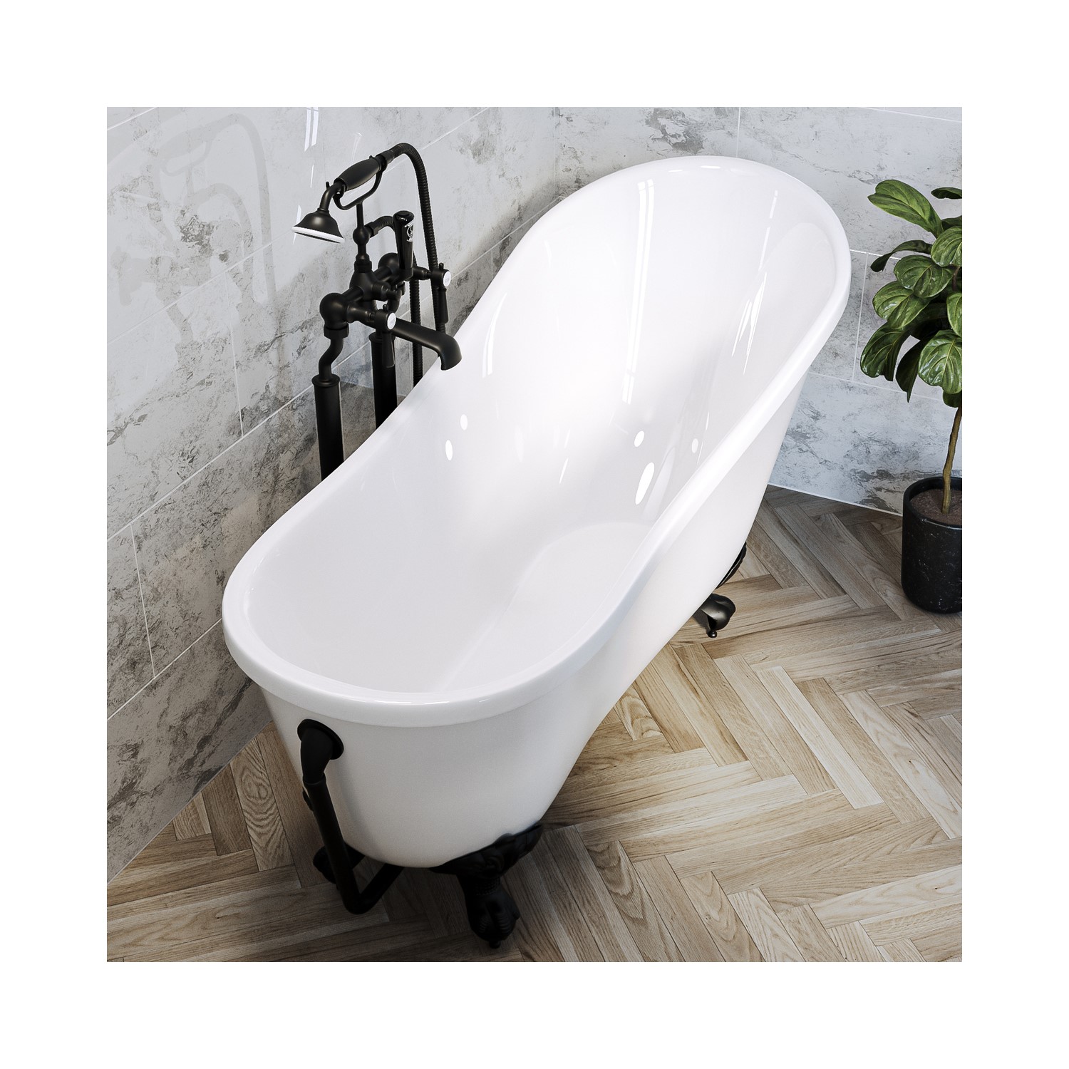 Freestanding Single Ended Roll Top Slipper Bath with Black Feet 1625 x 695mm Lunar Better