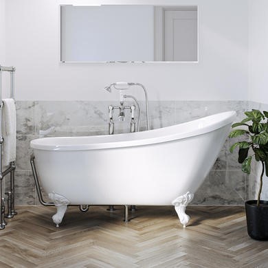 Freestanding Single Ended Roll Top Slipper Bath with White Feet 1625 x 695mm - Lunar