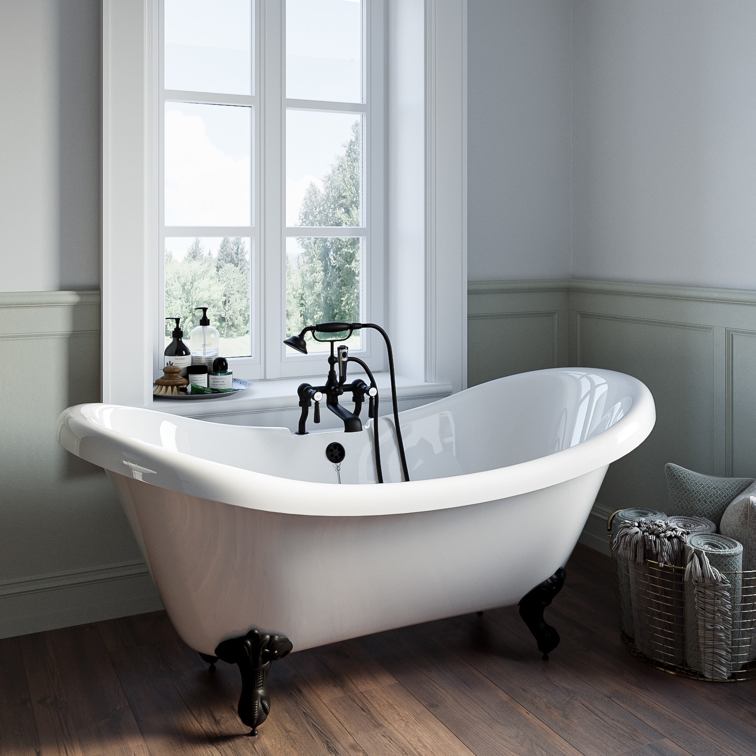 Park Royal White Freestanding Double Ended Roll Top Bath With Black Feet 1750 X 740Mm