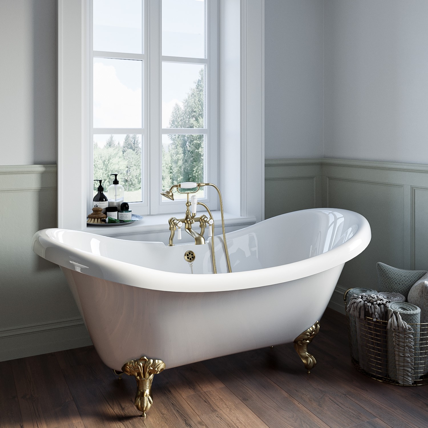 Park Royal White Freestanding Double Ended Roll Top Bath With Brushed Brass Feet 1750 X 740Mm