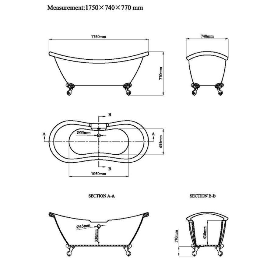Freestanding Double Ended Roll Top Bath with Pink Feet 1750 x 740mm - Park Royal