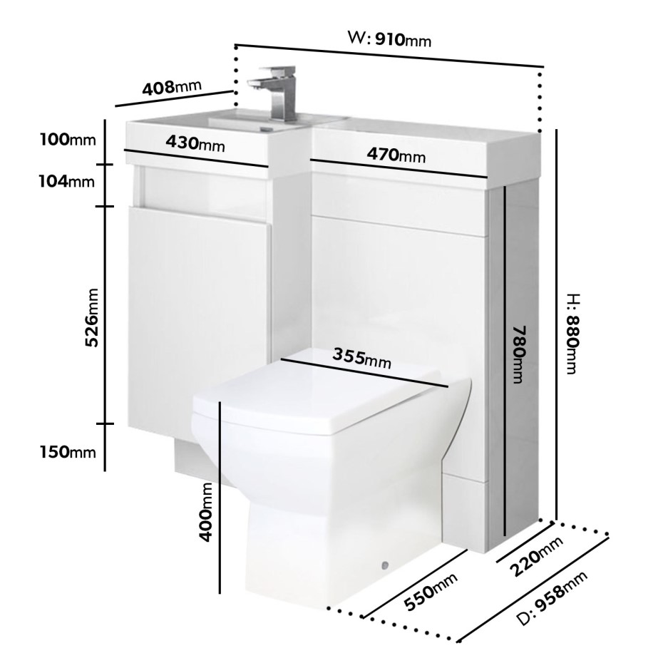 900mm Toilet and Basin Combination Unit 2 Drawers White Left Hand