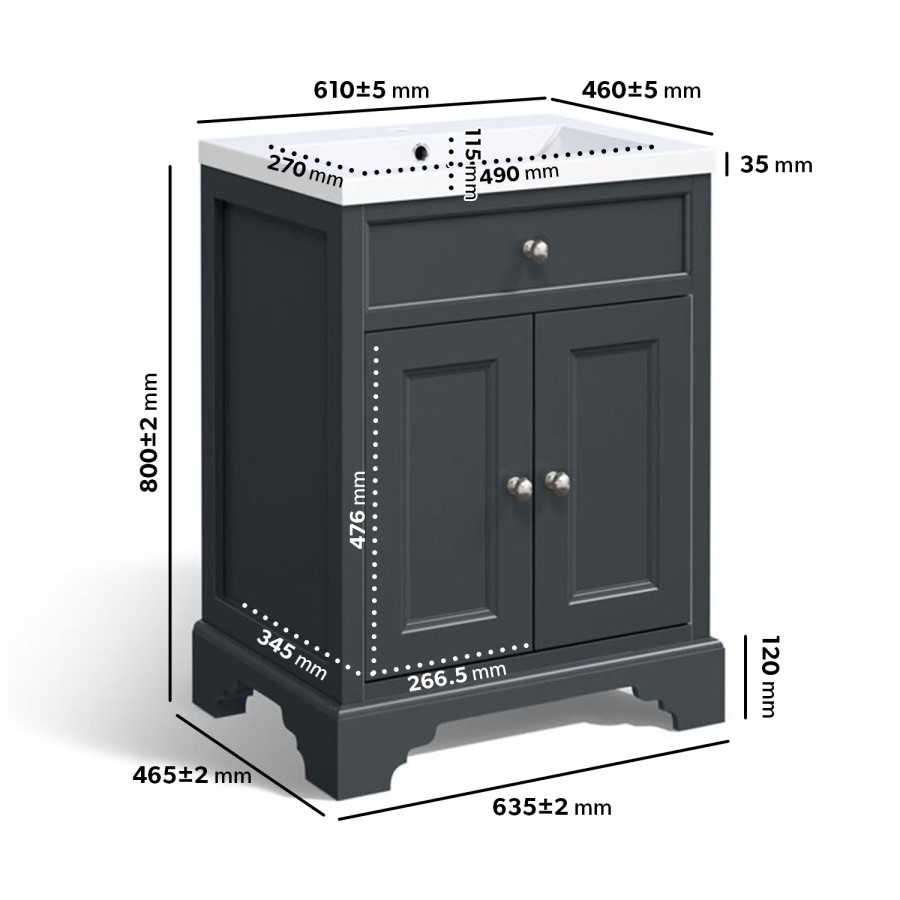 610mm Grey Freestanding Vanity Unit with Basin - Burford