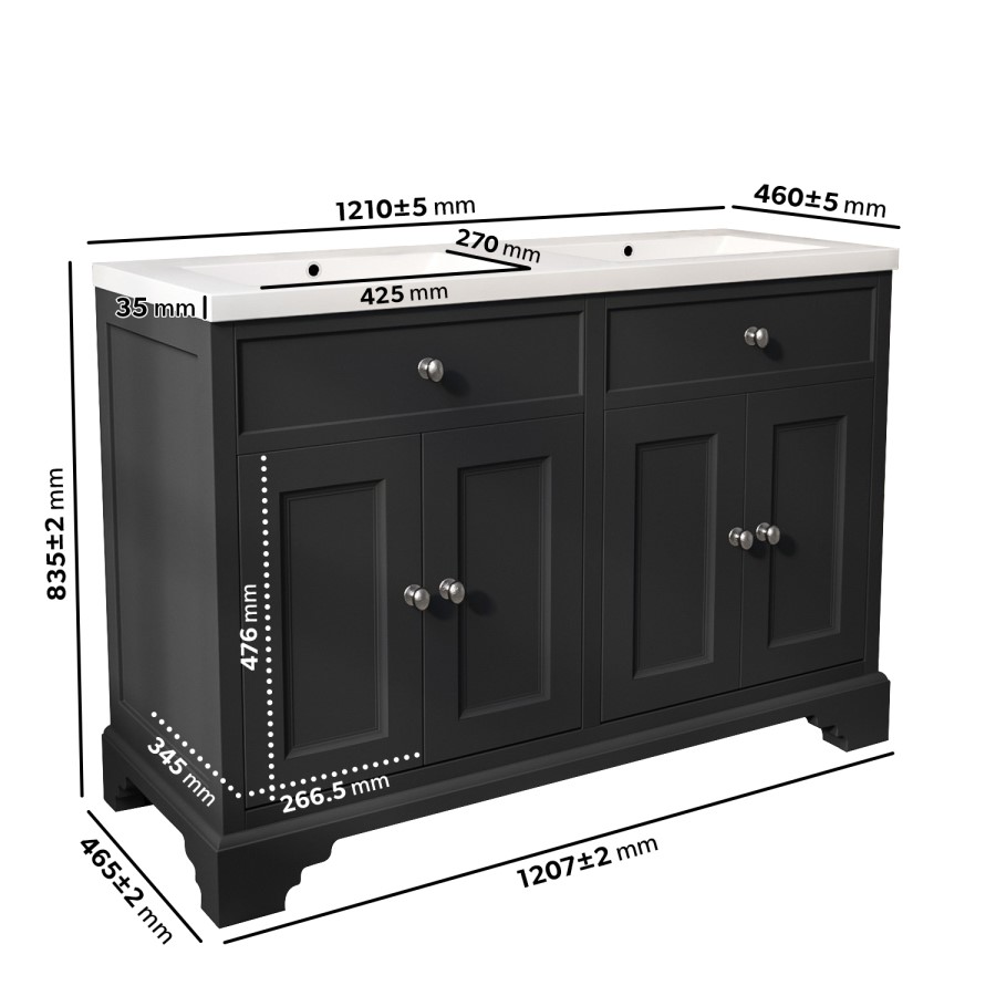 1200mm Grey Freestanding Double Vanity Unit with Sink - Burford