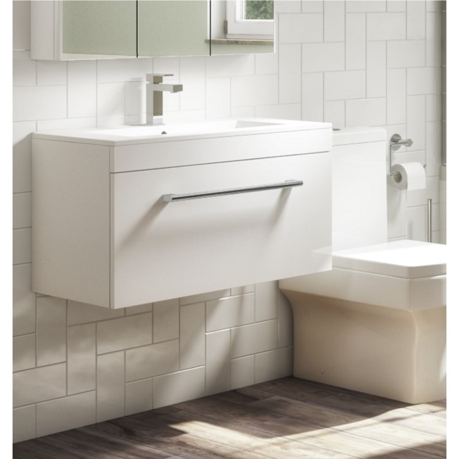 Grade A1 - 800mm White Wall Hung Vanity Unit with Basin and Chrome Handles - Ashford