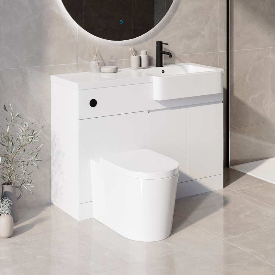 Grade A1 - 1100mm White Toilet and Sink Unit Right Hand with Round Toilet - Bali