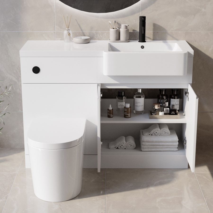 Grade A1 - 1100mm White Toilet and Sink Unit Right Hand with Round Toilet - Bali