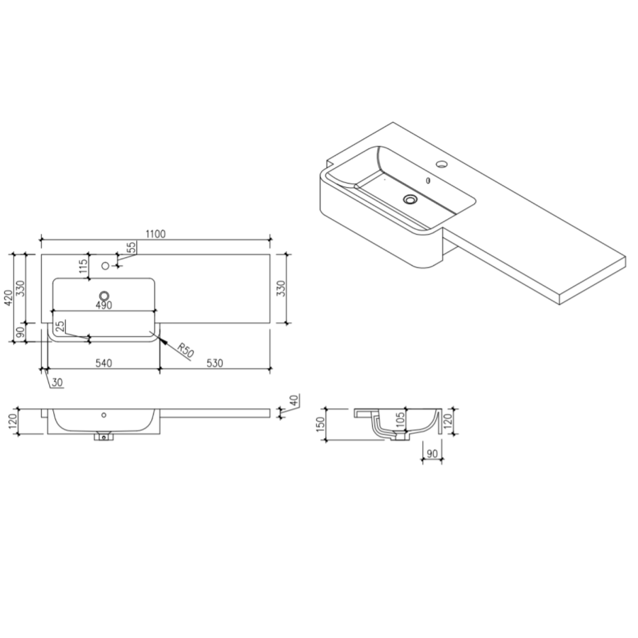 1100mm Grey Right Hand Toilet and Sink Unit with Brass Fittings - Unit & Basin Only - Bali