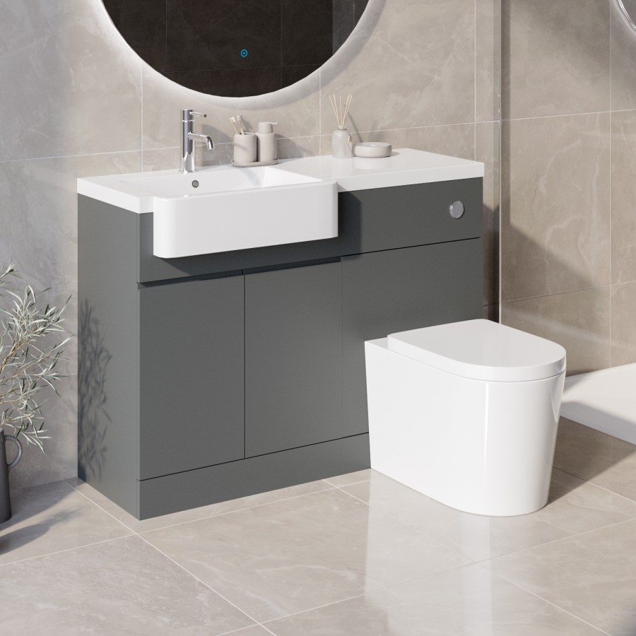 Grade A1 - 1100mm Grey Toilet and Sink Unit Left Hand with Round Toilet and Chrome Fittings - Bali