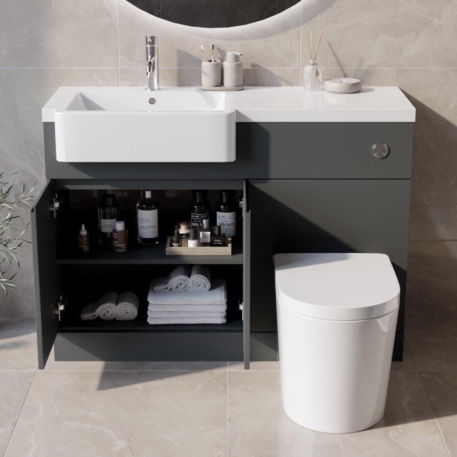 Grade A1 - 1100mm Grey Toilet and Sink Unit Left Hand with Round Toilet and Chrome Fittings - Bali