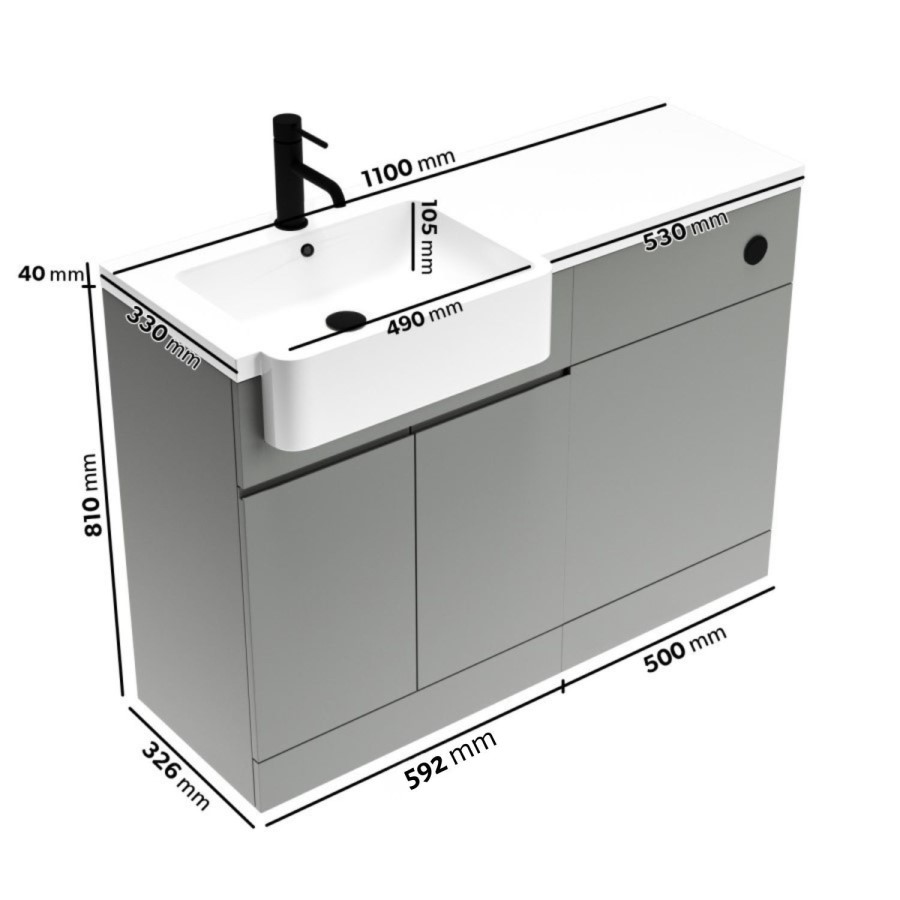 1100mm Grey Left Hand Toilet and Sink Unit with Square Toilet and Black Fittings - Bali