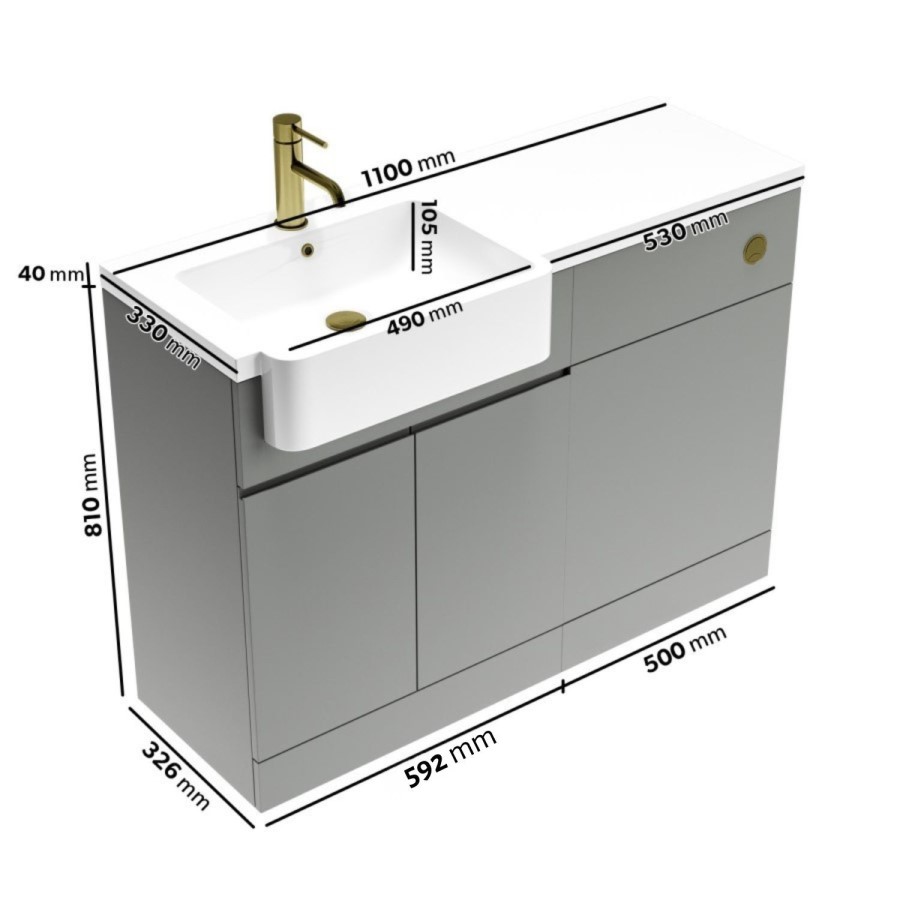 1100mm Grey Left Hand Toilet and Sink Unit with Square Toilet and Brass Fittings - Bali