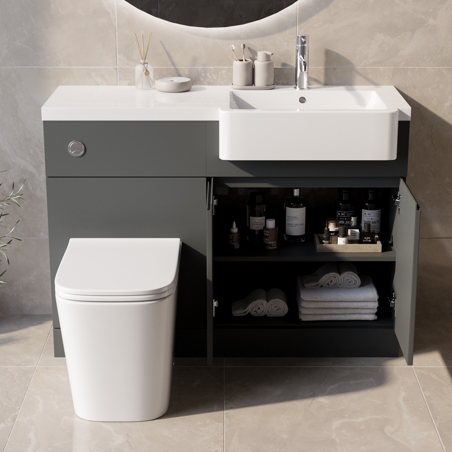 1100mm Grey Toilet and Sink Unit Right Hand with Square Toilet and ...
