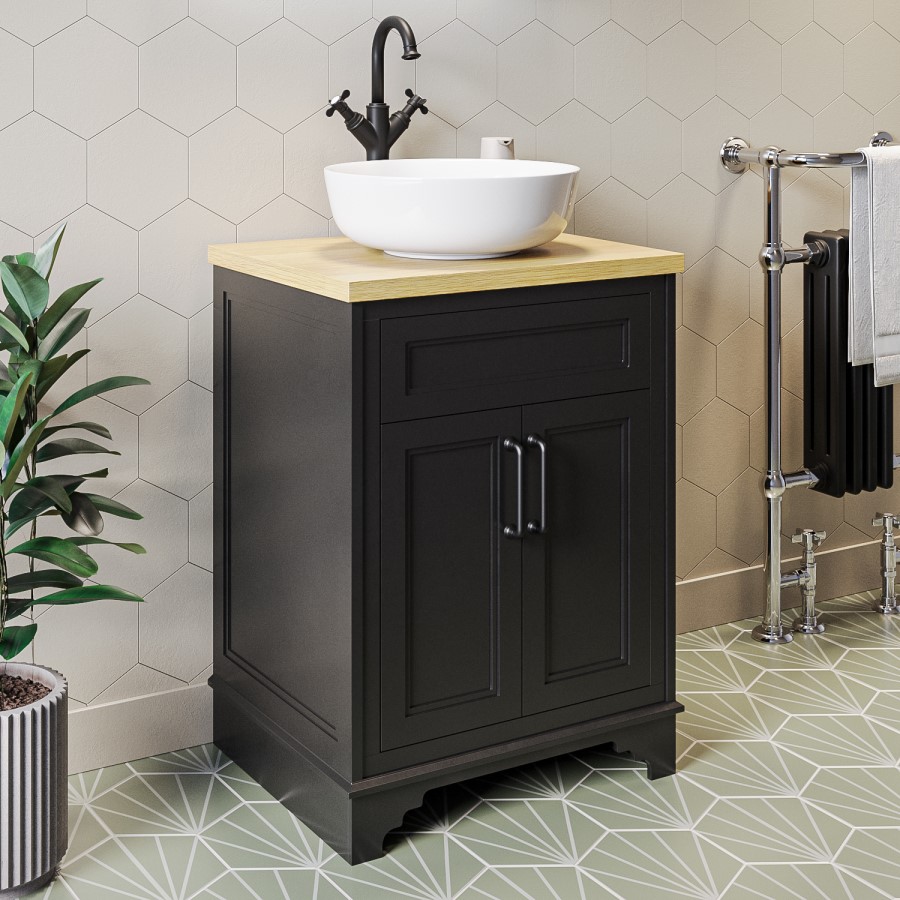 Grade A2 - 600mm Black Freestanding Countertop Vanity Unit with Basin - Camden