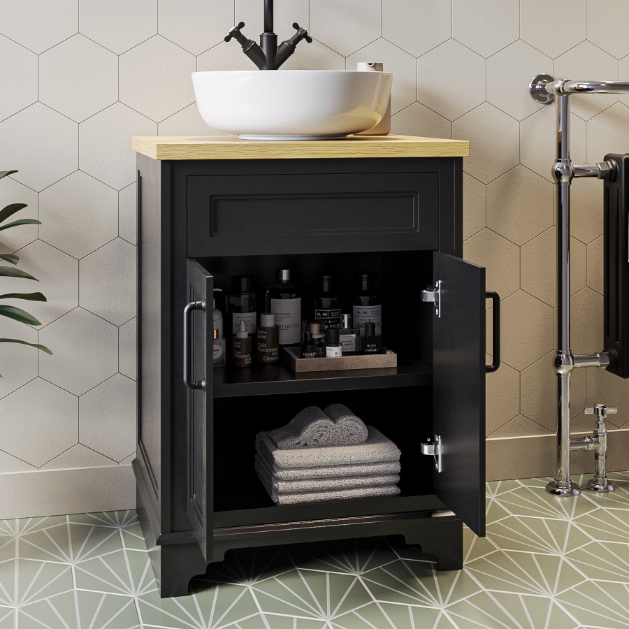 Grade A2 - 600mm Black Freestanding Countertop Vanity Unit with Basin - Camden