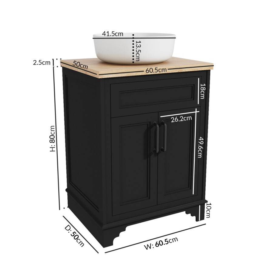 Grade A2 - 600mm Black Freestanding Countertop Vanity Unit with Basin - Camden