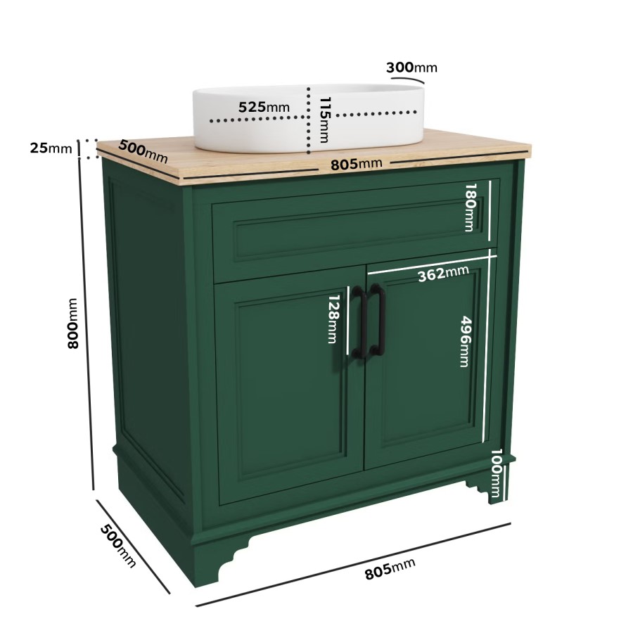 800mm Green Freestanding Countertop Vanity Unit with Basin - Camden
