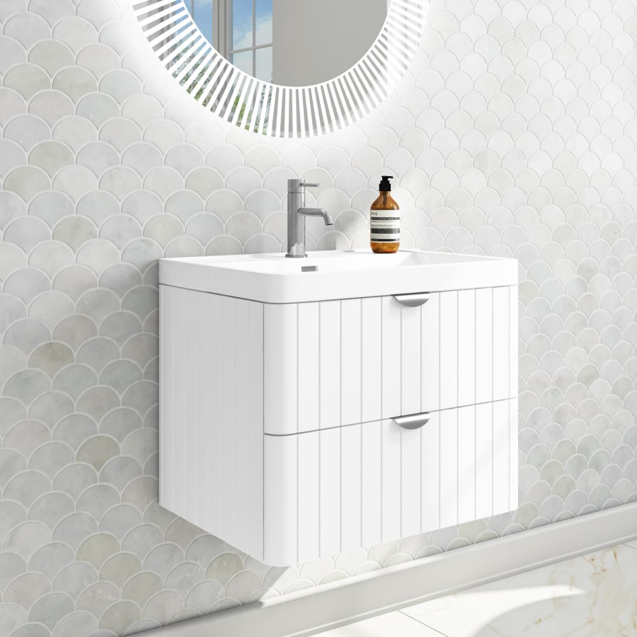 Grade A1 - 600mm White Wall Hung Vanity Unit with Basin and Brass Handles - Empire