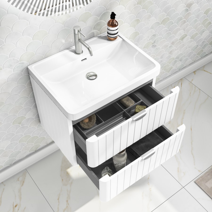 Grade A1 - 600mm White Wall Hung Vanity Unit with Basin and Brass Handles - Empire