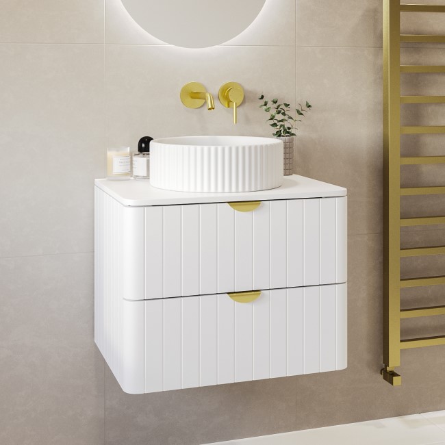 600mm White Wall Hung Countertop Vanity Unit with Basin and Brass Handles - Empire