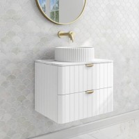 600mm White Wall Hung Vanity Unit with Marble Top Countertop Basin & Brushed Brass Handles- Empire