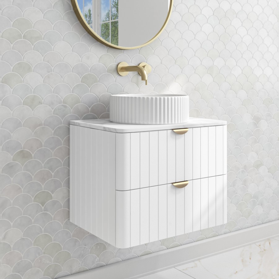 600mm White Wall Hung Vanity Unit with Marble Top Countertop Basin & Brushed Brass Handles- Empire