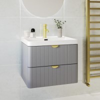 Grade A1 - 600mm Grey Wall Hung Vanity Unit with Basin and Brass Handles - Empire Grade A1 - 600mm Grey Wall Hung Vanity Unit with Basin and Brass Handles - Empire