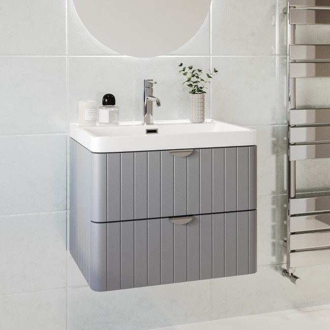 600mm Grey Wall Hung Vanity Unit with Basin and Chrome Handles - Empire